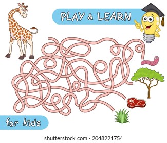 ¿Qué come la jirafa? Ayude a la jirafa a encontrar el camino correcto en el laberinto y aprenda que a la jirafa le gusta comer. Juego de Maze con solución. Riddle con líneas enredadas. Juego educativo y lógico para los niños.