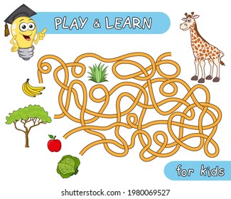 What does the giraffe eat? Help the giraffe to find the right way in maze and learn that giraffe like to eat. Maze Game with Solution. Riddle with tangled lines. Educational and logical game for kids.