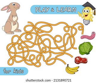 What does the rabbit eat. Help the hare to find the right way in maze and learn that bunny like to eat. Maze Game with Solution. Funny riddle with tangled lines. Educational and logical game for kids.