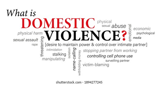 WHAT IS DOMESTIC VIOLENCE? red and black vector word cloud on white background