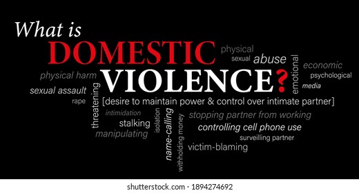 WHAT IS DOMESTIC VIOLENCE? white and red vector word cloud on black background