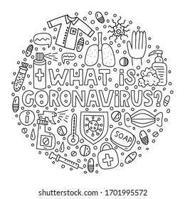 ¿Qué es Coronavirus? Ilustraciones de Doodle con letras en forma de círculo