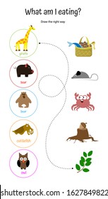 What am I eating? Draw path to animal’s food. Educational game labyrinth for children. Giraffe, wild boar, bear, owl