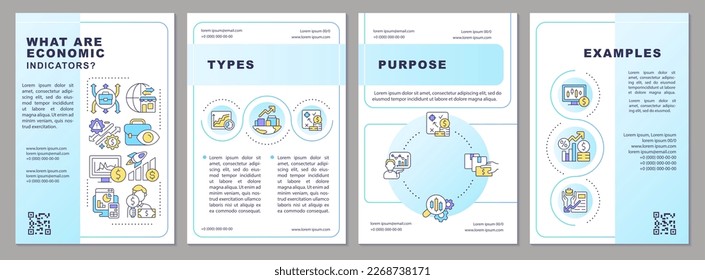 What are economic indicators blue gradient brochure template. Leaflet design with linear icons. 4 vector layouts for presentation, annual reports. Arial-Bold, Myriad Pro-Regular fonts used