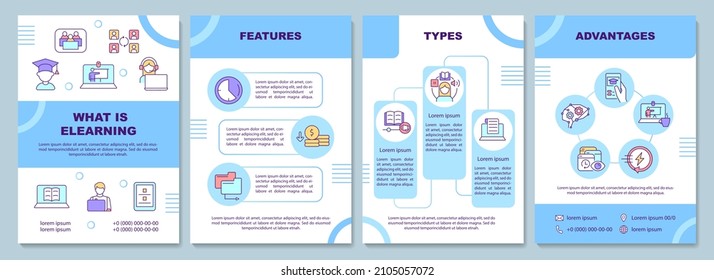 What is elearning brochure template. Computer learning. Booklet print design with linear icons. Vector layouts for presentation, annual reports, ads. Arial-Black, Myriad Pro-Regular fonts used