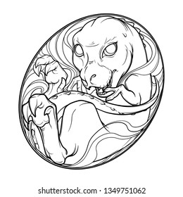 What was first a Dinosaur or an egg Baby Tyrannosaurus Rex in the egg. Cute animal drawing. Sketch style illustration. Design for childrean and adults Coloring book. EPS10 vector illustration