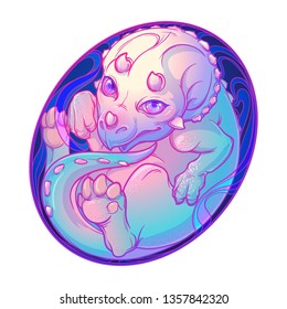What was first a Dinosaur or an egg. Baby Triceratops in the egg. Cute animal drawing. Unusual Easter egg design. EPS10 vector illustration