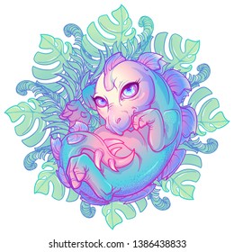 What was first a Dinosaur or an egg. Baby Stegosaurus in the egg. Cute animal drawing. Sketch style illustration. Design for sticker, greeting card or textile print. EPS10 vector illustration