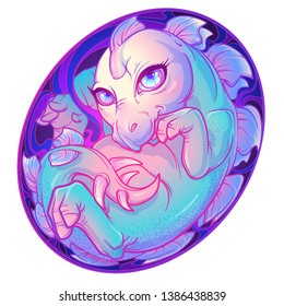 What was first a Dinosaur or an egg. Baby Stegosaurus in the egg. Cute animal drawing. Sketch style illustration. Design for sticker, greeting card or textile print. EPS10 vector illustration