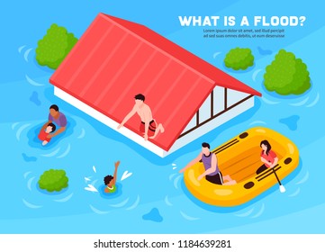 What is flood isometric poster with people leaving their  house on inflatable boat vector illustration 