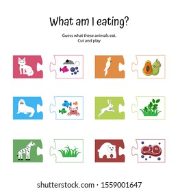 What am I eating? Food animals. puzzle game for preschoolers and schoolchildren. Polar bear, arctic fox, seal, parrot, cockatoo, hare. Guess what animals eat. Worksheet for Education