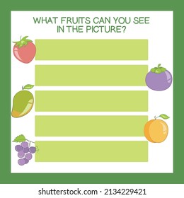 What fruits can you see in the picture worksheet. Cute printable template. Preschool Education. Vector illustration.