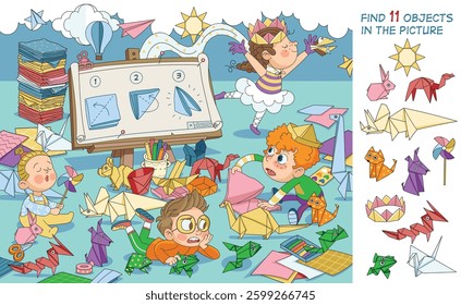 What a fun game - origami! Children fold figures from paper. Find 11 objects in the picture. Educational game for children. Cartoon vector illustration