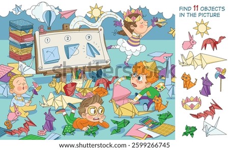 What a fun game - origami! Children fold figures from paper. Find 11 objects in the picture. Educational game for children. Cartoon vector illustration