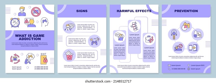 What is game addiction purple brochure template. Signs and effects. Leaflet design with linear icons. 4 vector layouts for presentation, annual reports. Arial-Black, Myriad Pro-Regular fonts used