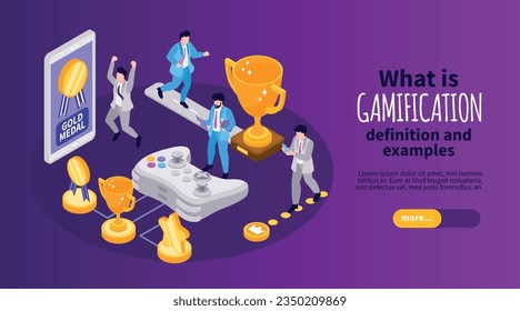 ¿Qué es la gamificación de banner horizontal isométrico con personajes de negocios jugando juego en línea y ganando medallas de oro ilustración vectorial 3d