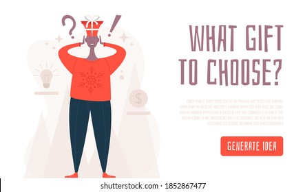 What gift to choose concept. Shocked confused man in a New Year or Christmas suit chooses gifts. Isolated New Year male. Flat cartoon Vector stock illustration.