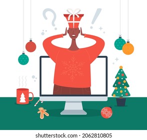 What gift to choose concept. Shocked man in a New Year or Christmas suit chooses gifts on computer screen. Flat cartoon Vector stock illustration.