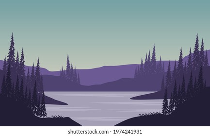 What a great view of the mountains from the riverbank with the silhouettes of the pine trees around it in the morning. Vector illustration of a city