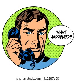 What happened man phone question online support business concept. Pop art retro style