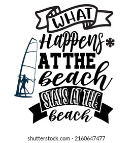 'what happens at the beach stays at the beach' Vintage textured hand drawn sign with palm tree drawing. Handmade typographic summer art. Exotic tropical coastal decor. Sea shore vector illustration fo