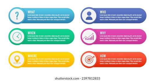 What How Why template design. Clipart image. Infographic for business what, when, where, who, why, how. Vector illustration