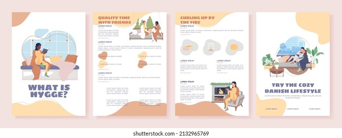 What is hygge flat vector brochure template. Booklet, leaflet printable flat color designs. Simple magazine page, reports kit with text space. Sigmar one, Balsamiq Sans, Comfortaa fonts used