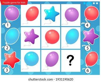 What item are missing? Color balloons. Logic puzzle game for kids. Education game for children. Sudoku puzzle. Worksheet vector design for schoolers.