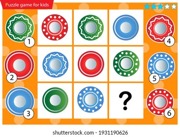 What item are missing? Colorful saucers. Logic puzzle game for kids. Education game for children. Sudoku puzzle. Worksheet vector design for schoolers