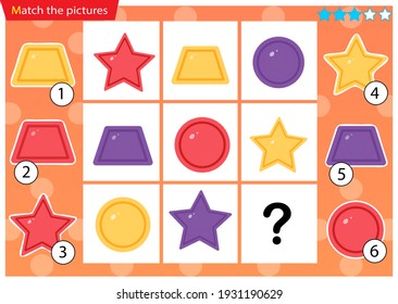 Was fehlt? Geometrische Formen. Logic Puzzle Spiel für Kinder. Erziehungsspiel für Kinder. Sudoku-Rätsel. Arbeitsblatt-Vektordesign für Schüler.
