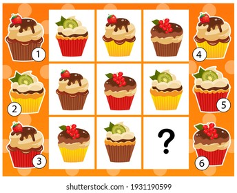 Was fehlt? Feiertagskuchen oder Muffins. Konditorei und Bäckerei. Logic Puzzle Spiel für Kinder. Erziehungsspiel für Kinder. Sudoku-Rätsel. Arbeitsblatt-Vektordesign für Schüler.