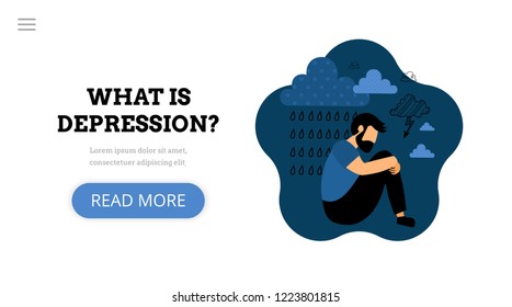 What is depression? Landing page template. Modern flat concept with sad unhappy young man sitting under rain cloud. Flat vector illustration.