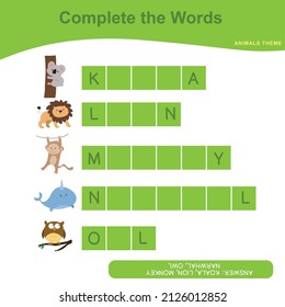 What letters are missing? Complete the words. Animals Theme Names Worksheet. Educational activity for preschool kids. Preschool Education. Vector illustration.