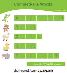 What letters are missing? Complete the words. Animals Theme Names Worksheet. Educational activity for preschool kids. Preschool Education. Vector illustration.