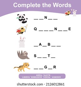 ¿Qué letras faltan? Complete las palabras. Hoja de trabajo Nombres de temas de animales. Actividad educativa para niños de preescolar. Educación preescolar. Ilustración vectorial.