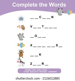 What letters are missing? Complete the words. Animals Theme Names Worksheet. Educational activity for preschool kids. Preschool Education. Vector illustration.