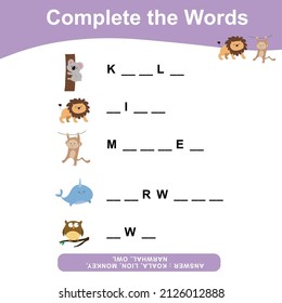 What letters are missing? Complete the words. Animals Theme Names Worksheet. Educational activity for preschool kids. Preschool Education. Vector illustration.