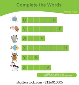 What letters are missing? Complete the words. Animals Theme Names Worksheet. Educational activity for preschool kids. Preschool Education. Vector illustration.