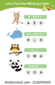 What letters are missing? Complete the words. Animals Theme Names Worksheet. Educational activity for preschool kids. Preschool Education. Vector illustration.