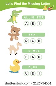What letters are missing? Complete the words. Animals Theme Names Worksheet. Educational activity for preschool kids. Preschool Education. Vector illustration.