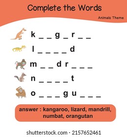 What letters are missing? Complete the words. Animals Theme Names Worksheet with answer keys. Vector illustration.