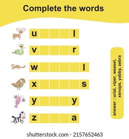 What letters are missing? Complete the words. Animals Theme Names Worksheet with answer keys. Vector illustration.