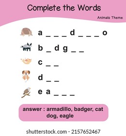 ¿Qué letras faltan? Complete las palabras. Animales Theme Names Worksheet con claves de respuesta. Ilustración vectorial.