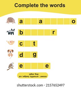 What letters are missing? Complete the words. Animals Theme Names Worksheet with answer keys. Vector illustration.