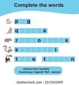 What letters are missing? Complete the words. Animals Theme Names Worksheet with answer keys. Vector illustration.
