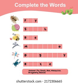 What letters are missing? Complete the words. Educational worksheet activity for preschool kids. Vector illustration.