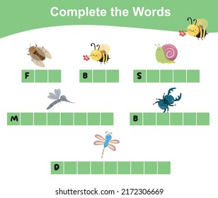 What letters are missing? Complete the words. Educational worksheet activity for preschool kids. Vector illustration.