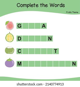 What letters are missing? Complete the words. Fruits Theme Names Worksheet. Educational activity for preschool kids. Preschool Education. Vector illustration.