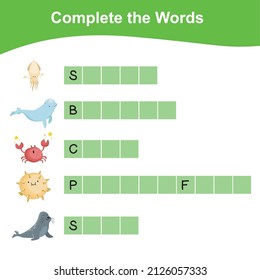 What letters are missing? Complete the words. Sea animals Theme Names Worksheet. Educational activity for preschool kids. Preschool Education. Vector illustration.