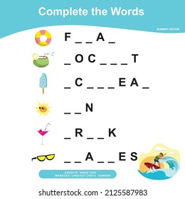 What letters are missing? Complete the words. Summer Things Names Worksheet. Educational activity for preschool kids. Preschool Education. Vector illustration.